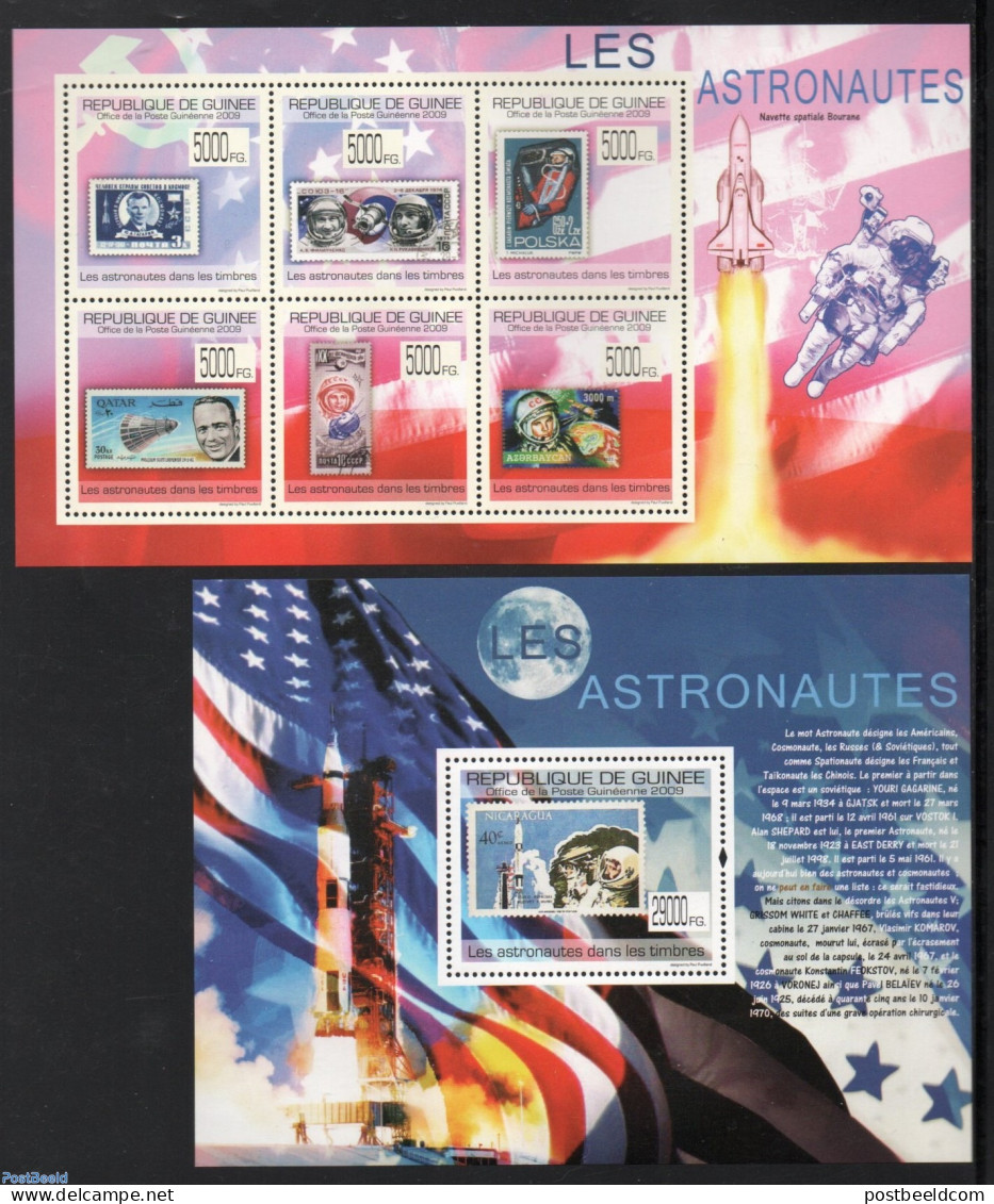 Guinea, Republic 2009 Astronauts On Stamps 2 S/s, Mint NH, History - Transport - Flags - Stamps On Stamps - Space Expl.. - Briefmarken Auf Briefmarken