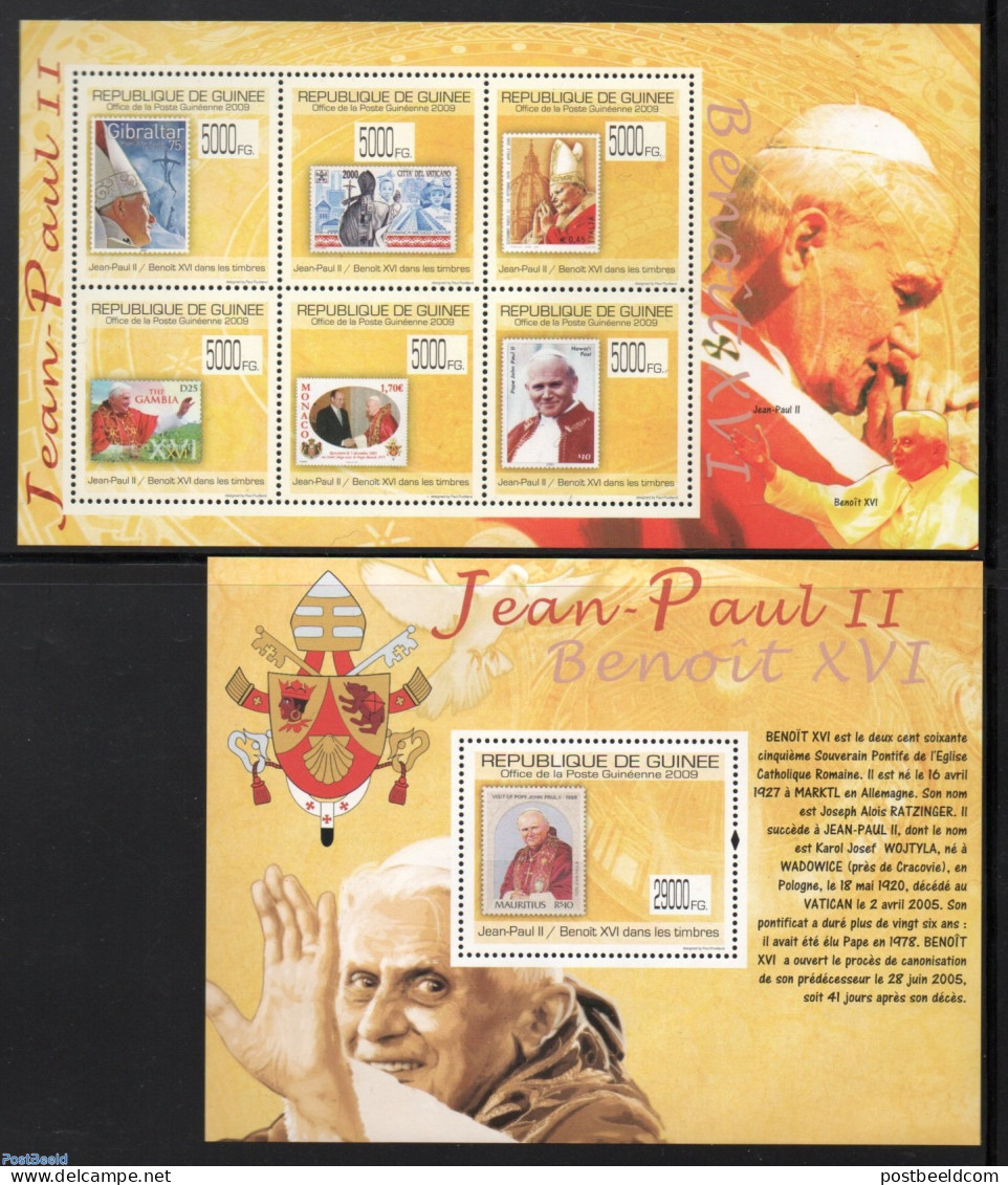 Guinea, Republic 2009 Pope On Stamps 2 S/s, Mint NH, Religion - Pope - Stamps On Stamps - Papes