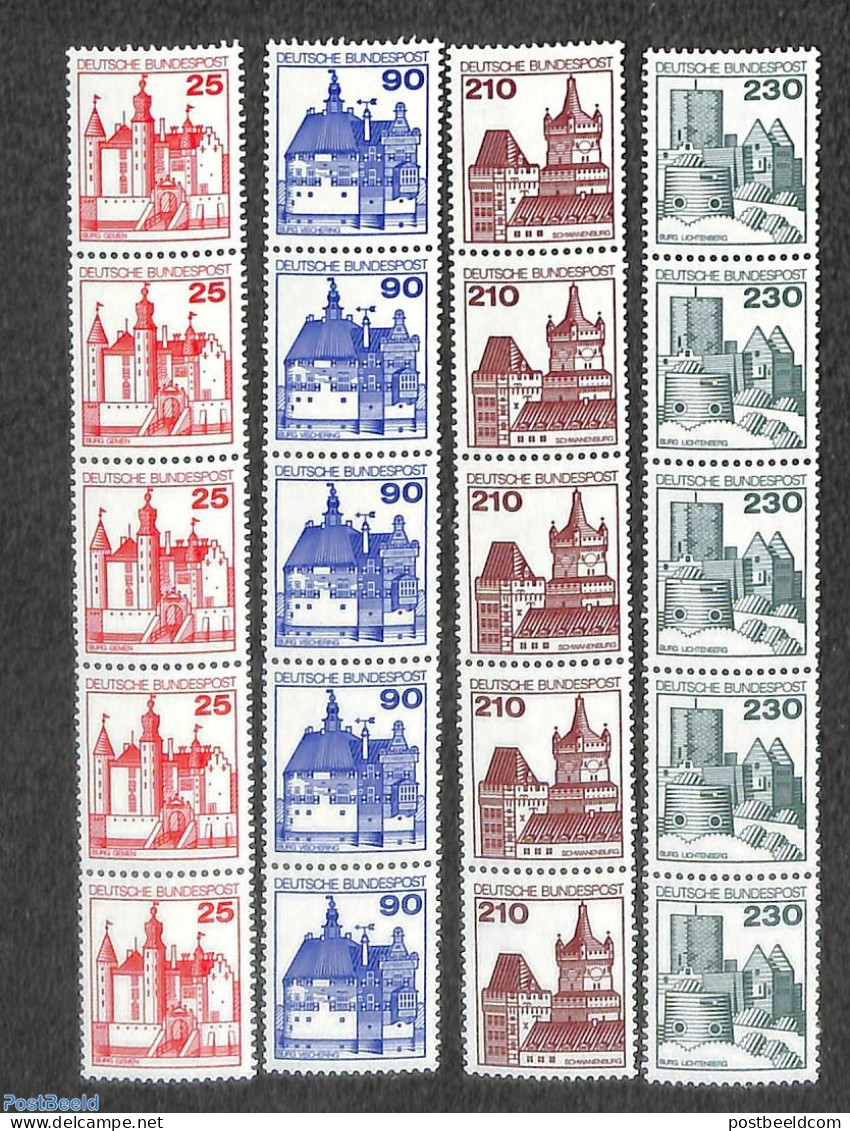 Germany, Berlin 1978 Definitives 4v, Strips Of 5 With Number On Reverse, Mint NH, Art - Castles & Fortifications - Ongebruikt
