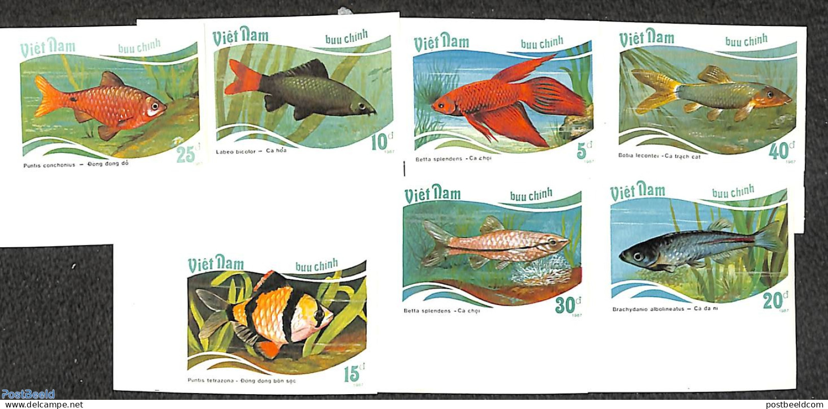 Vietnam 1988 Fishes 7v, Imperforated, Mint NH, Nature - Fish - Fishes