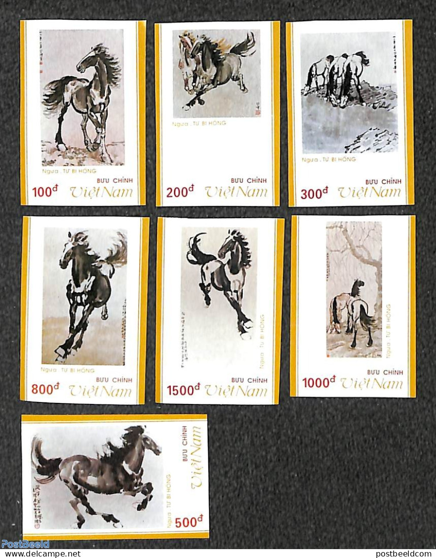 Vietnam 1989 Horse Paintings 7v, Imperforated, Mint NH, Nature - Horses - Art - Paintings - Autres & Non Classés