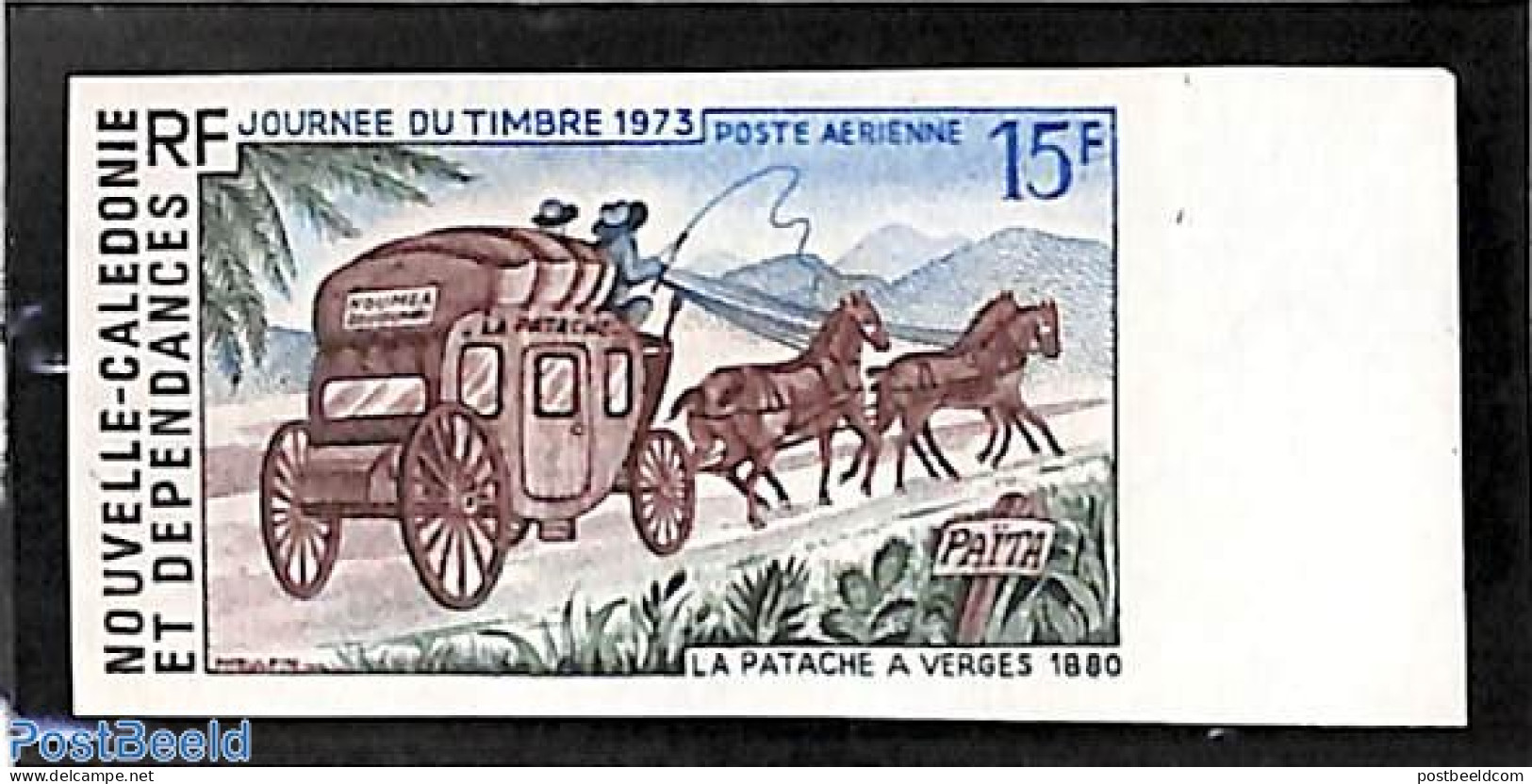 New Caledonia 1973 Stamp Day 1v, Imperforated, Mint NH, Nature - Transport - Horses - Stamp Day - Coaches - Nuevos