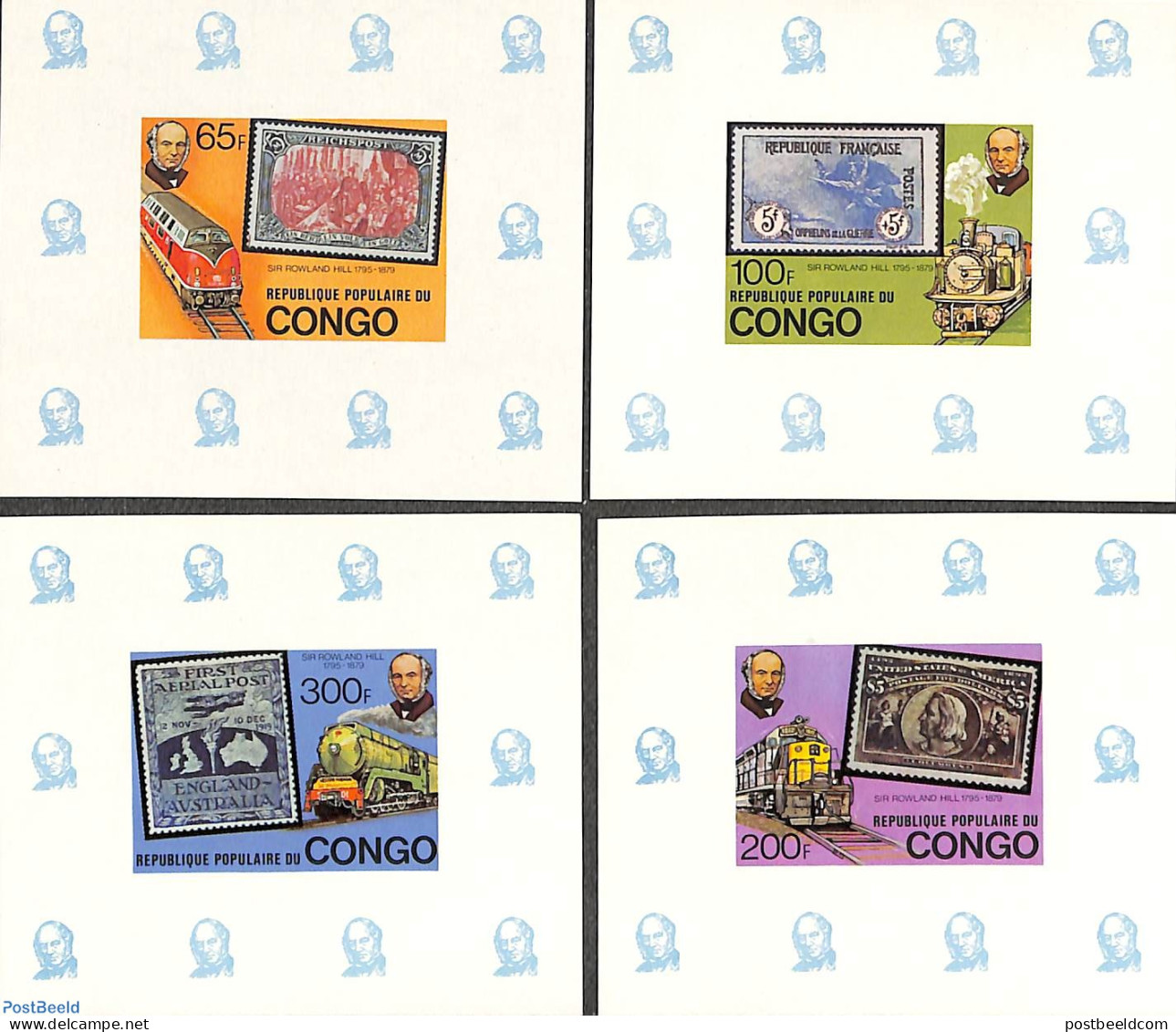 Congo Republic 1979 Sir Rowland Hill 4 S/s, Mint NH, Transport - Sir Rowland Hill - Stamps On Stamps - Railways - Rowland Hill