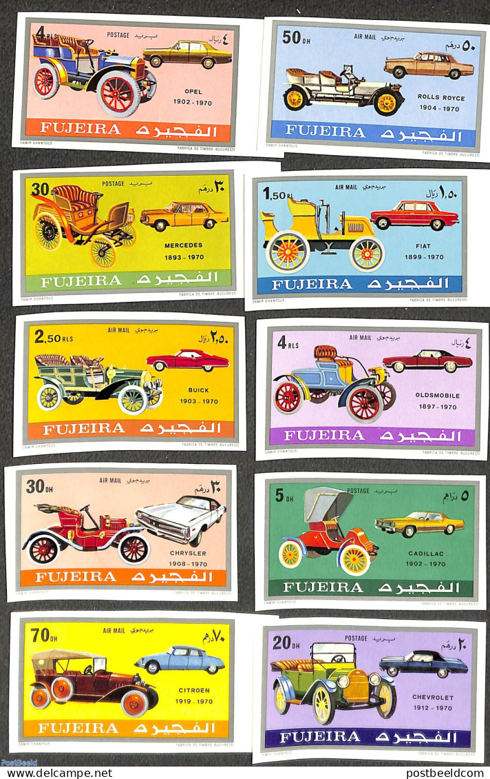 Fujeira 1971 Automobiles 10v, Imperforated, Mint NH, Transport - Automobiles - Voitures