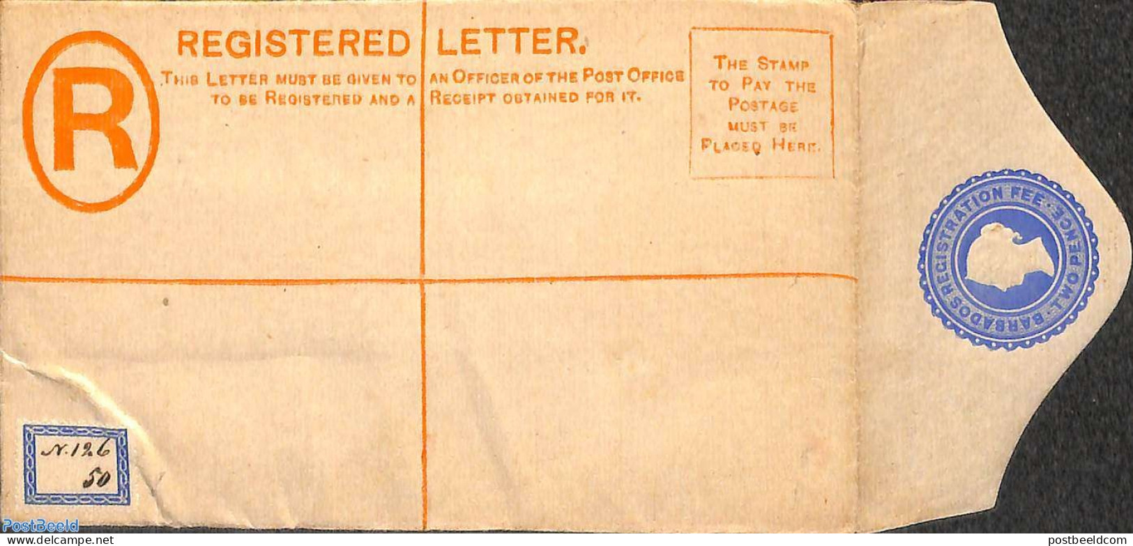 Barbados 1885 Registered Letter Envelope 2d, Unused Postal Stationary - Barbades (1966-...)