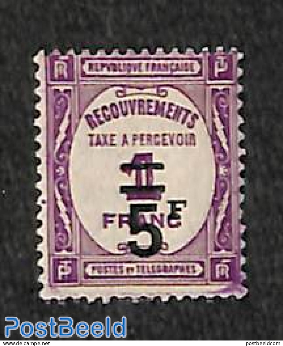 France 1929 Postage Due, 5fr On 1fr, Stamp Out Of Set, Unused (hinged) - Other & Unclassified