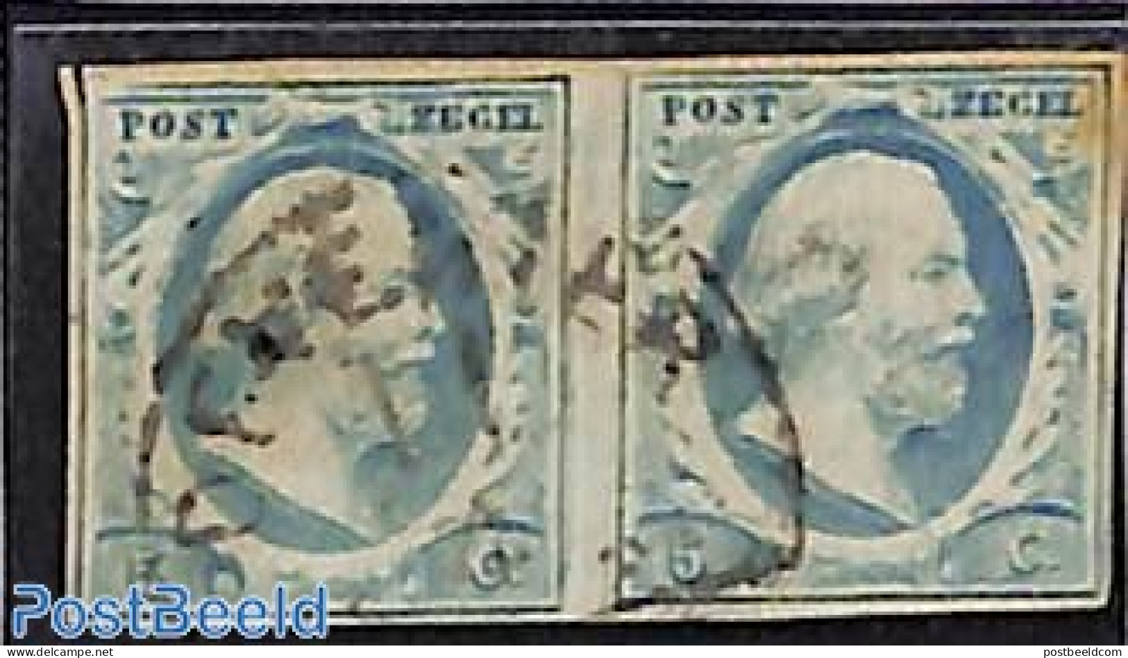 Netherlands 1852 Pair 5c, DEVENTER-C, Narrow Margins, Brownish Spot, Used Stamps - Used Stamps