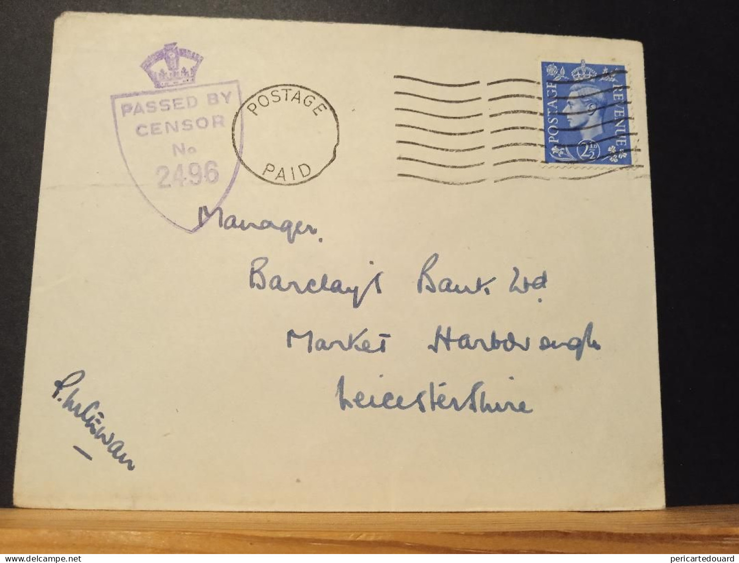 GB,  Passed By Censor 2496, Postage Paid Sans Bloc Dateur - Brieven En Documenten