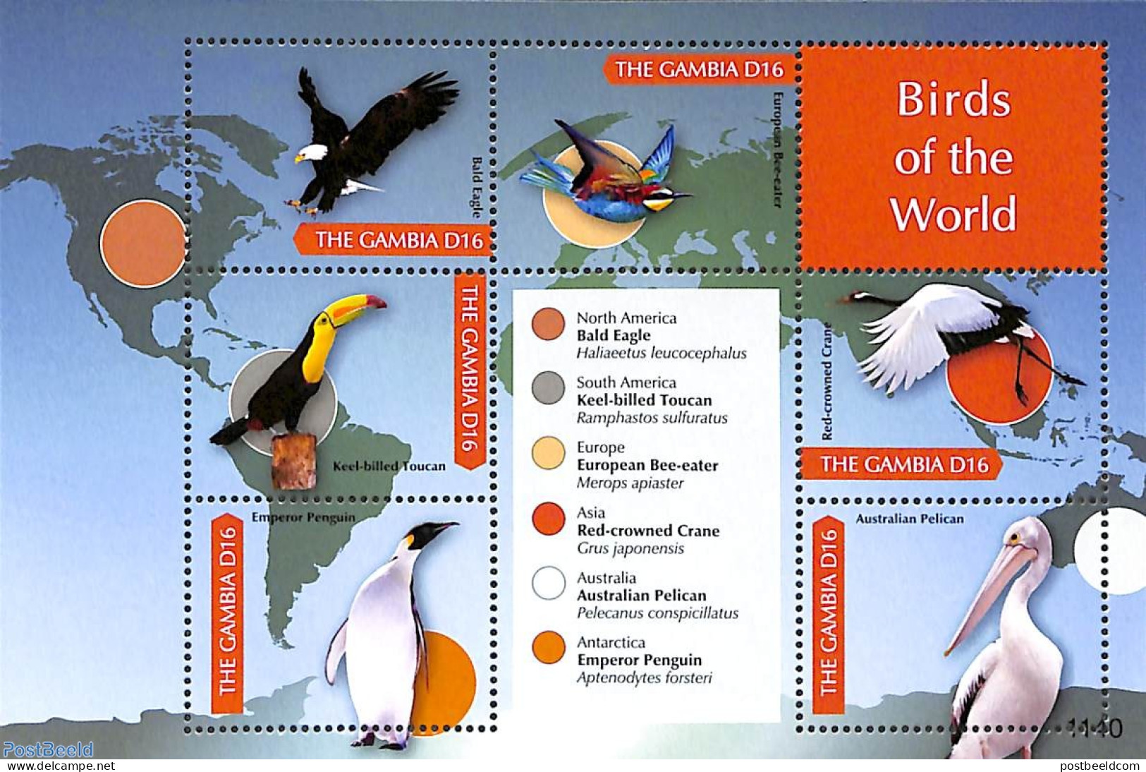 Gambia 2011 Birds Of The World 6v M/s, Mint NH, Nature - Various - Birds - Maps - Toucans - Geographie