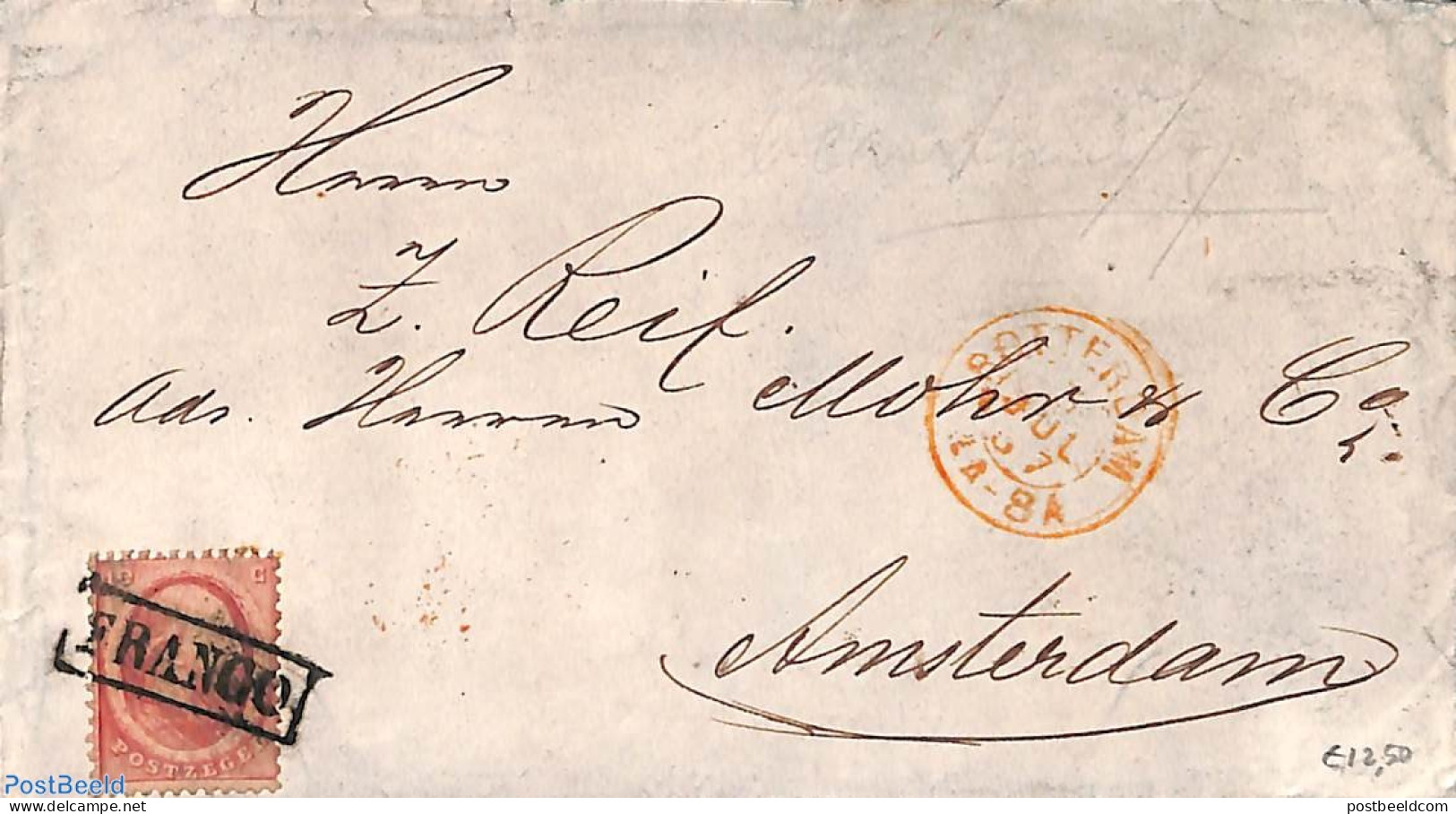 Netherlands 1867 Envelope From ROTTERDAM To Amsterdam, Postal History - Covers & Documents