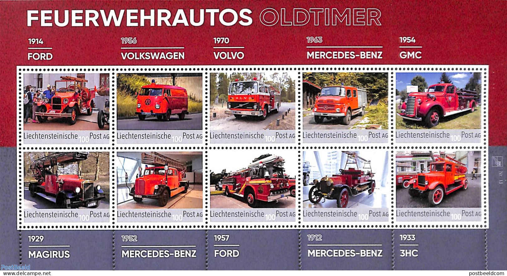 Liechtenstein 2020 Fire Engines 10v M/s, Mint NH, Transport - Automobiles - Fire Fighters & Prevention - Unused Stamps