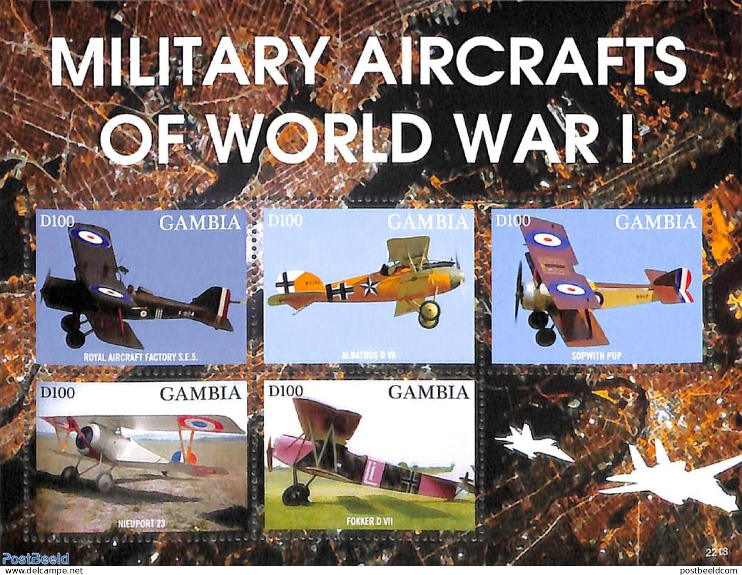 Gambia 2022 Military Aircrafts Of World War I 5v M/s, Mint NH, History - Transport - Aircraft & Aviation - World War I - Airplanes