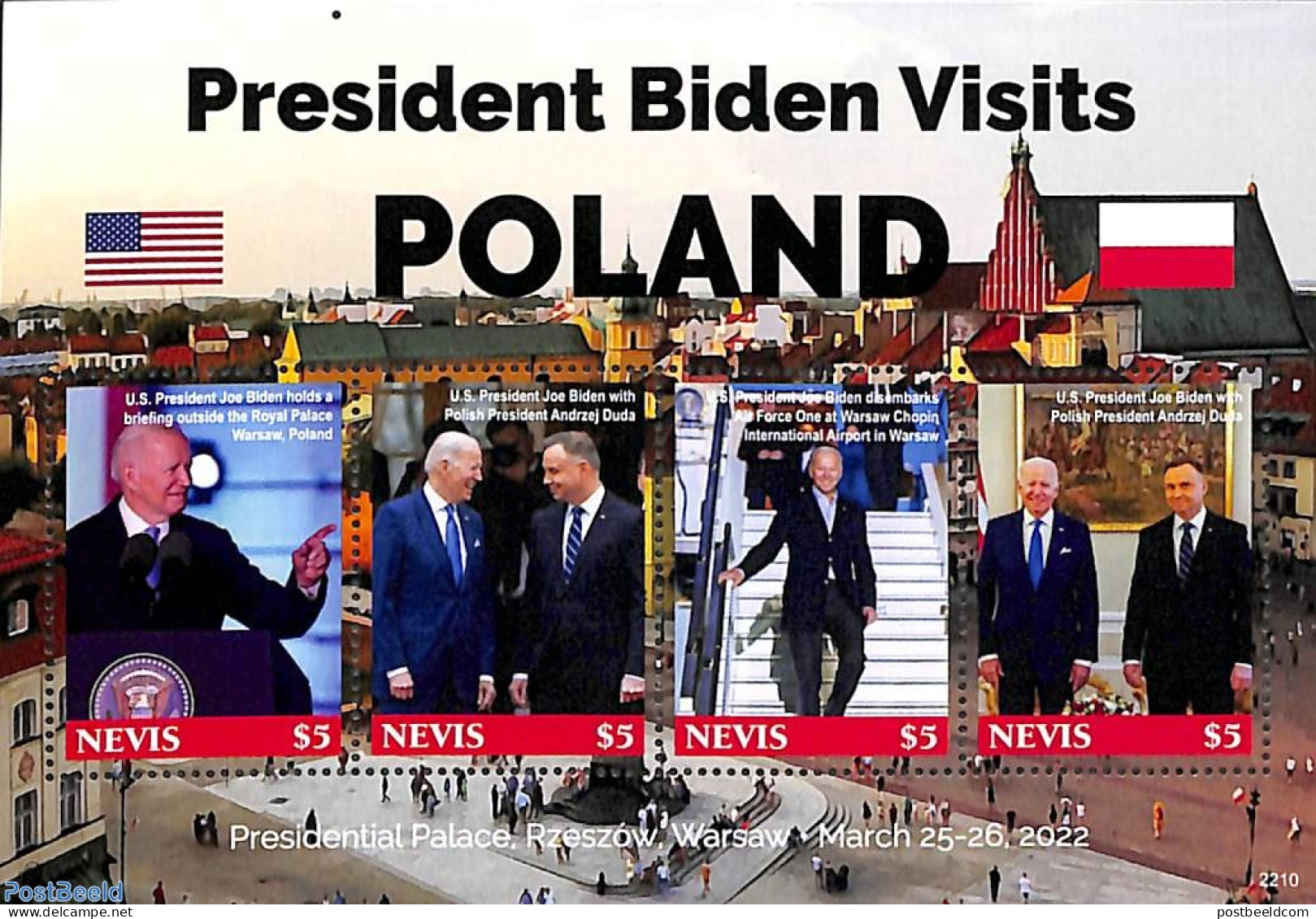 Nevis 2022 President Biden Visits Poland 4v M/s, Mint NH, History - American Presidents - Politicians - St.Kitts-et-Nevis ( 1983-...)