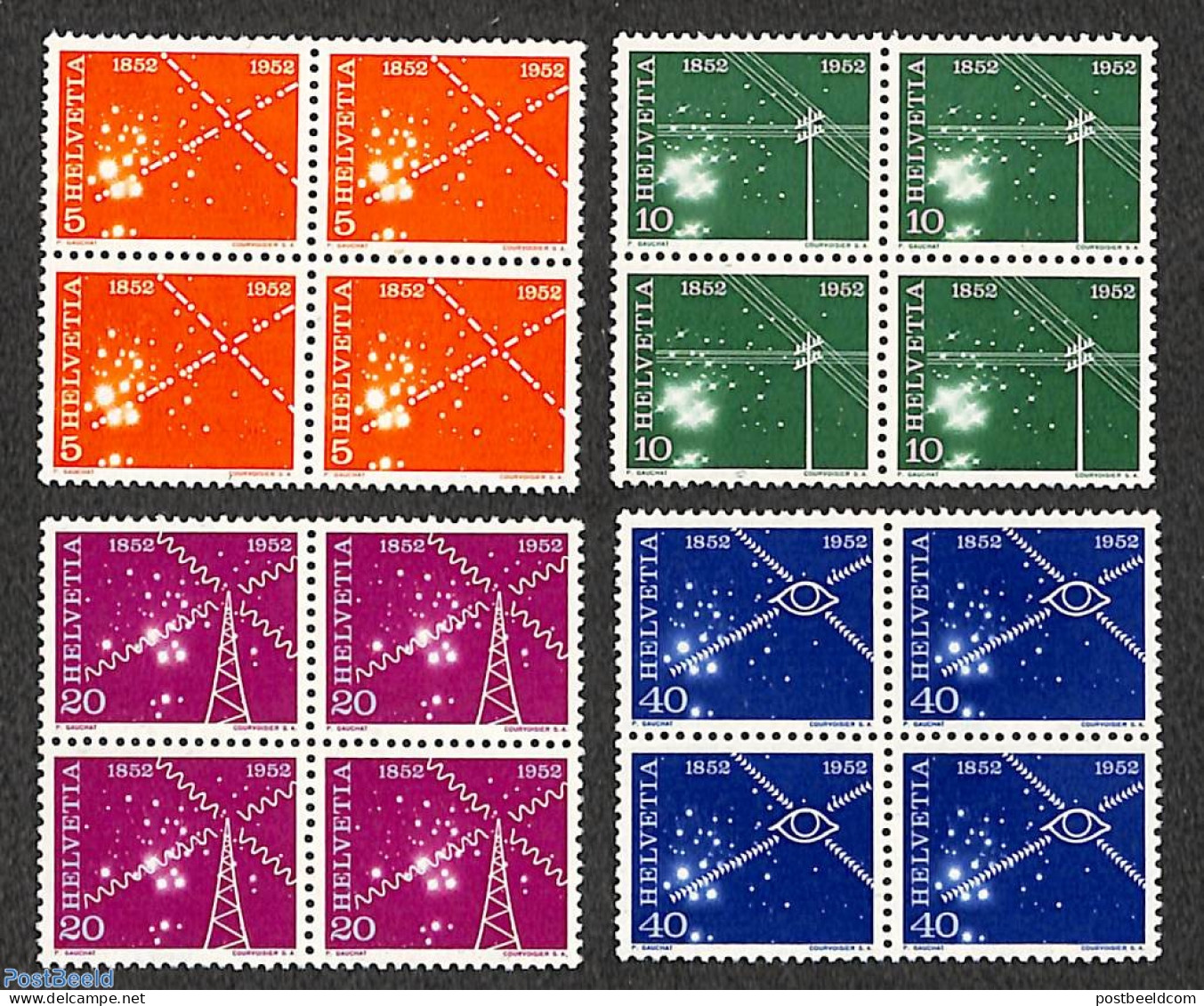 Switzerland 1952 Telecommunication 4v, Blocks Of 4 [+], Mint NH, Science - Telecommunication - Neufs