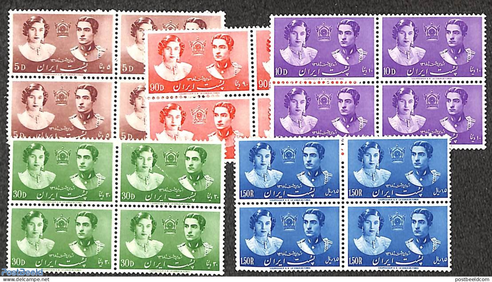 Iran/Persia 1939 Wedding 5v, Blocks Of 4 [+], Mint NH, History - Kings & Queens (Royalty) - Familles Royales