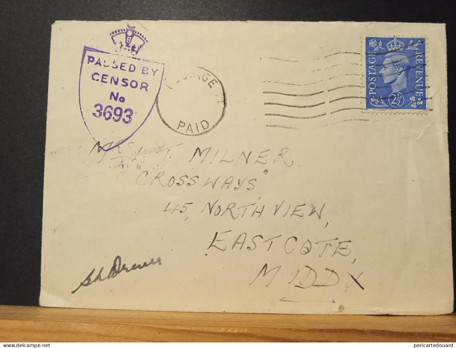 GB,  Passed By Censor 3693, Postage Paid Sans Bloc Dateur - Covers & Documents