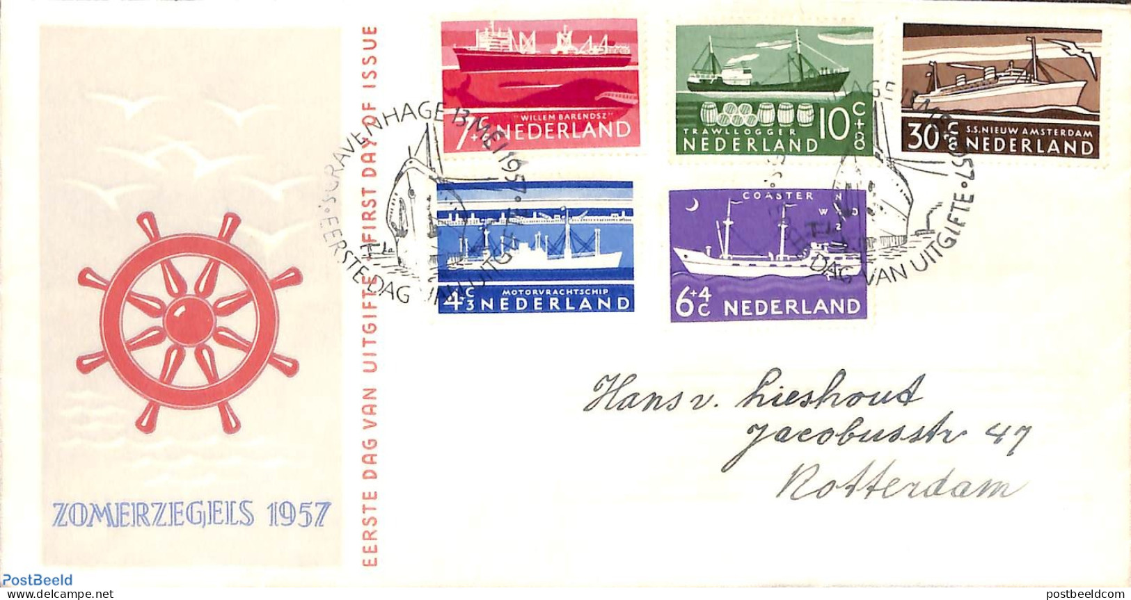 Netherlands 1957 Ships 5v, FDC, Written Address, Open Flap, First Day Cover, Transport - Ships And Boats - Cartas & Documentos