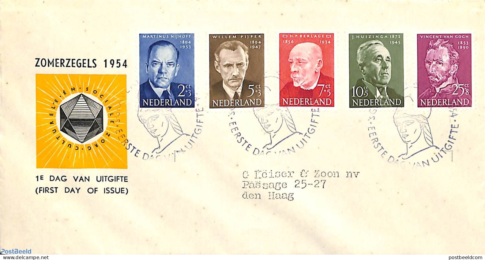 Netherlands 1954 Famous Persons 5v, FDC, Typed Address, Closed Flap, First Day Cover, Art - Vincent Van Gogh - Covers & Documents