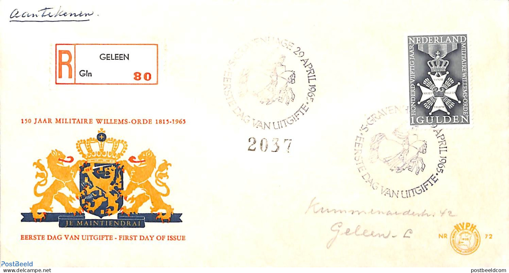 Netherlands 1965 Mil. Willemsorde 1v, FDC Misprint, Without Gold Colour, First Day Cover, Various - Errors, Misprints,.. - Covers & Documents