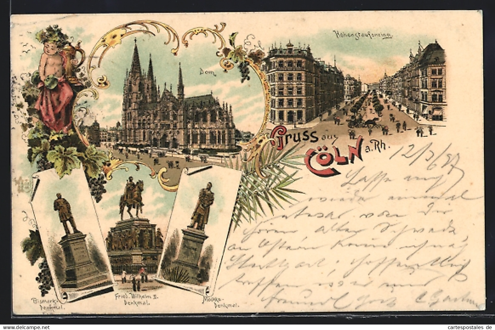 Lithographie Cöln A. Rh., Dom, Hohenstaufenring Und Friedrich Wilhelm III Denkmal  - Köln