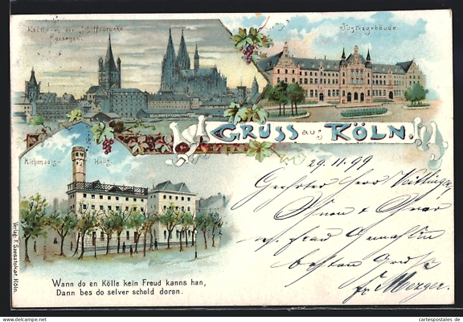 Lithographie Köln, Blick Von Der Schiffsbrücke Und Richmodis-Haus  - Köln