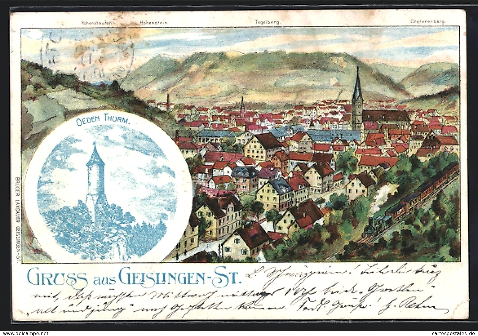 Lithographie Geislingen-St., Ortsansicht, Königliches Postamt  - Geislingen