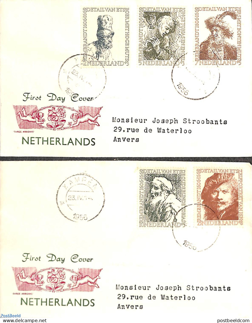 Netherlands 1956 Rembrandt 5v, FDC Three Arrows (on 2 Covers), First Day Cover, Art - Rembrandt - Cartas & Documentos