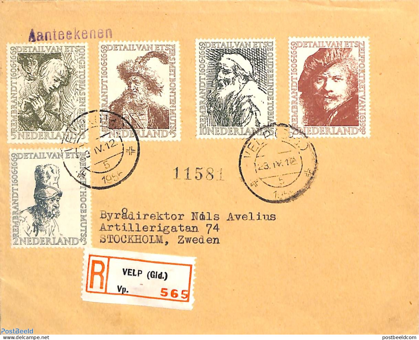 Netherlands 1956 Rembrandt 5v, Sent On First Day Of Issue, First Day Cover, Art - Rembrandt - Briefe U. Dokumente