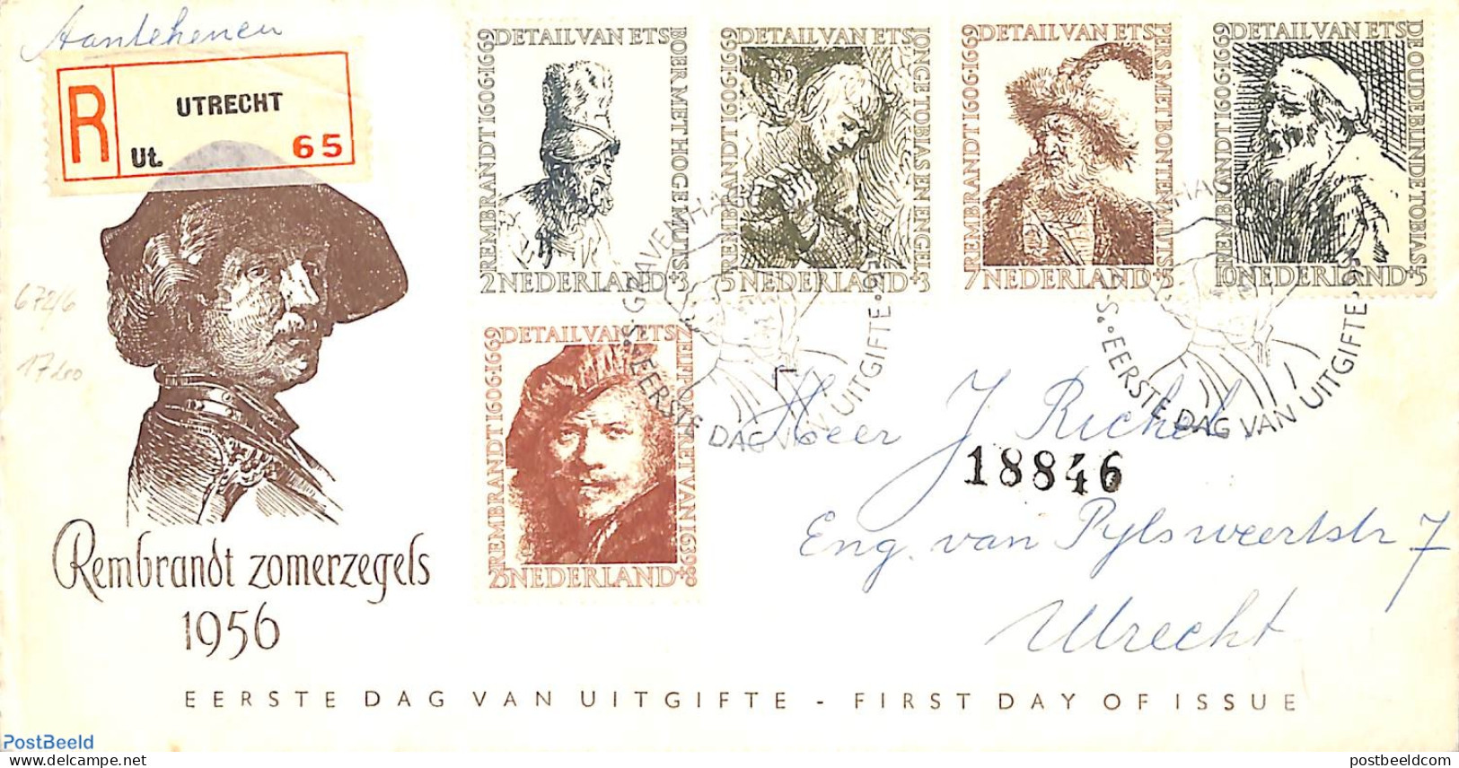 Netherlands 1956 Rembrandt 5v FDC Without Lines, Open Flap, First Day Cover, Art - Rembrandt - Brieven En Documenten