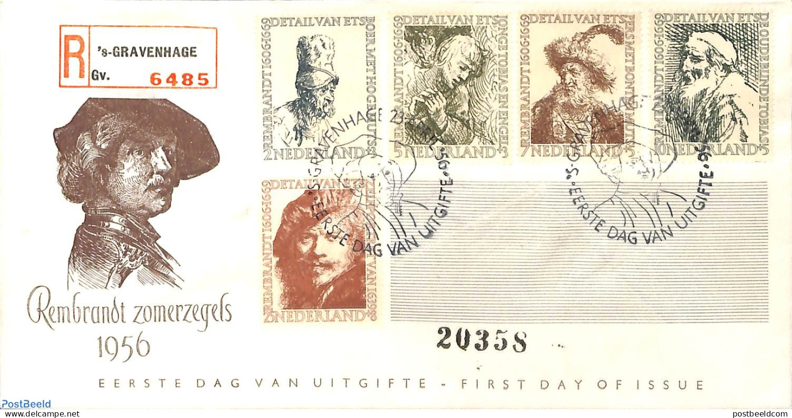 Netherlands 1956 Rembrandt 5v, FDC With Lines, With Address, Open Flap, First Day Cover, Art - Rembrandt - Lettres & Documents