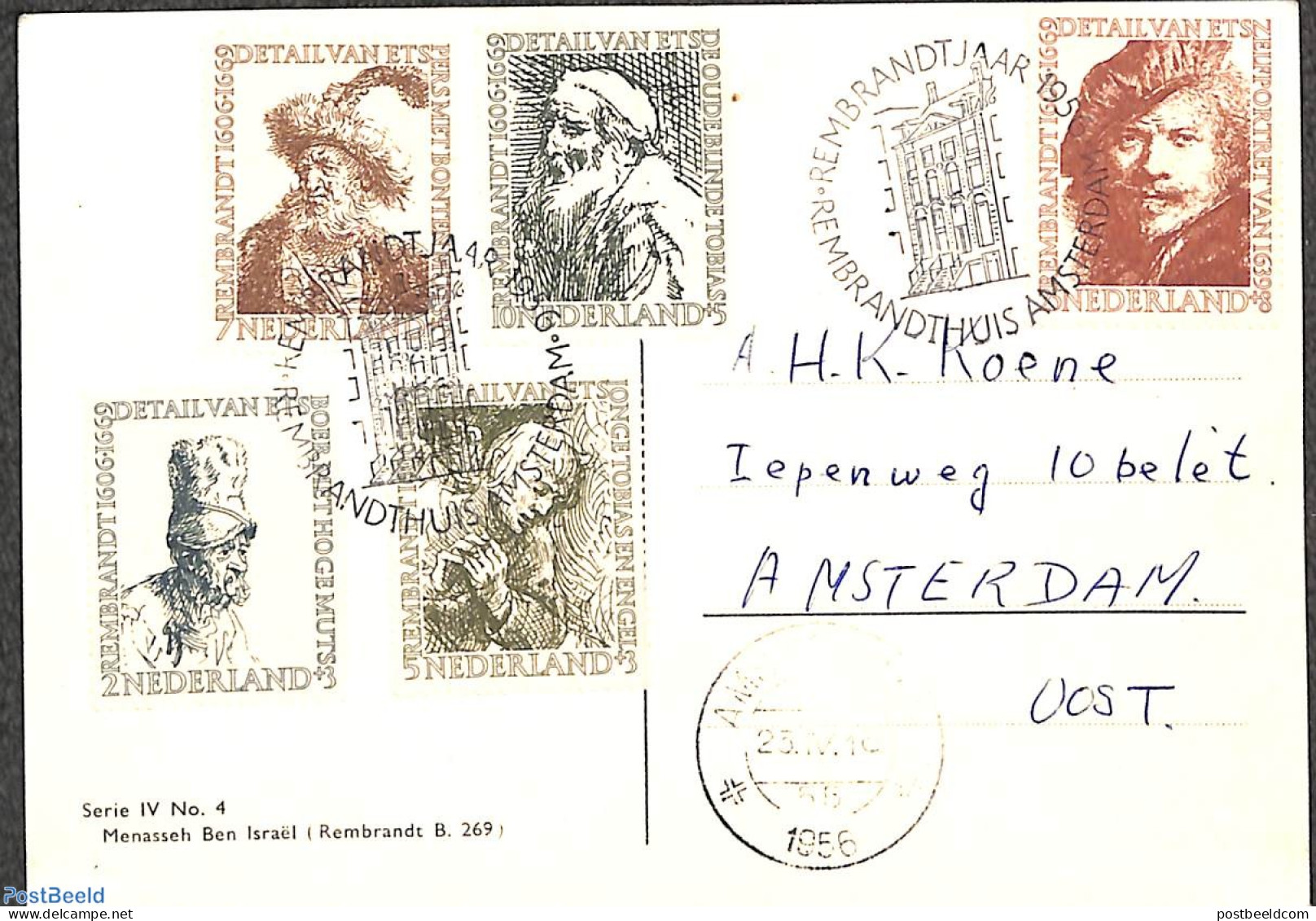 Netherlands 1956 Card With Special Cancellation Rembrandthuis On First Day Of Issue, First Day Cover, Art - Rembrandt - Lettres & Documents