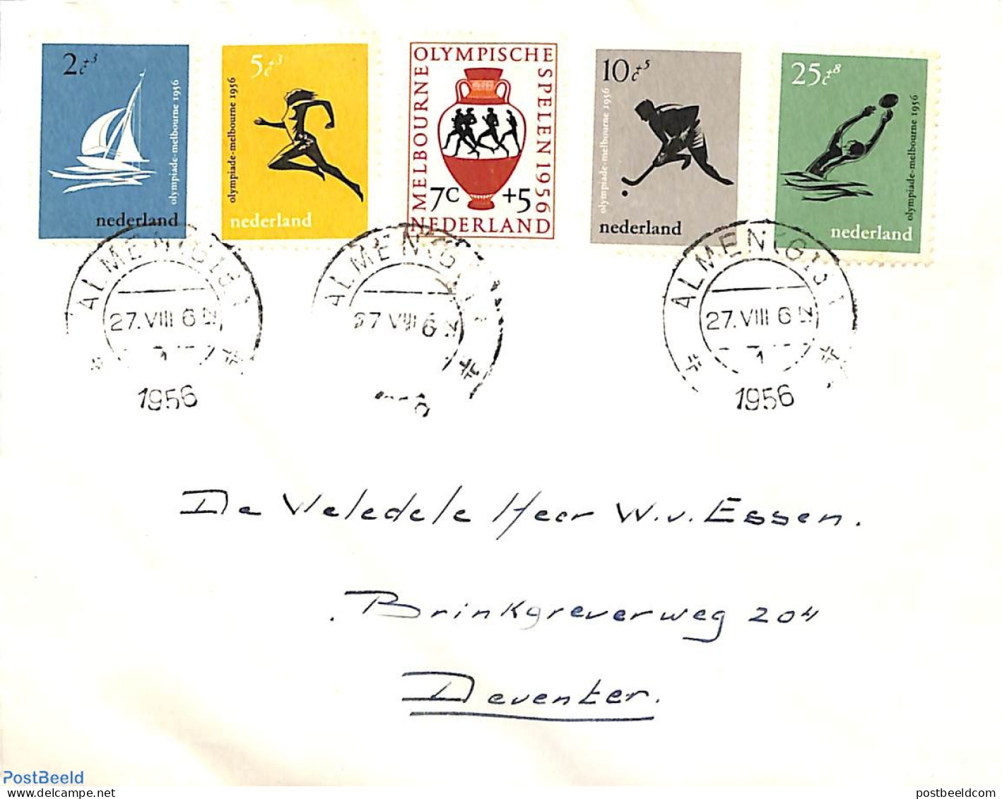 Netherlands 1956 Olympic Games 5v, Sent On First Day Of Issue, First Day Cover, Sport - Olympic Games - Cartas & Documentos