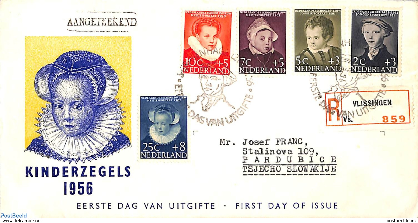 Netherlands 1956 Child Welfare 5v, FDC, Typed Address, Open Flap, First Day Cover - Covers & Documents