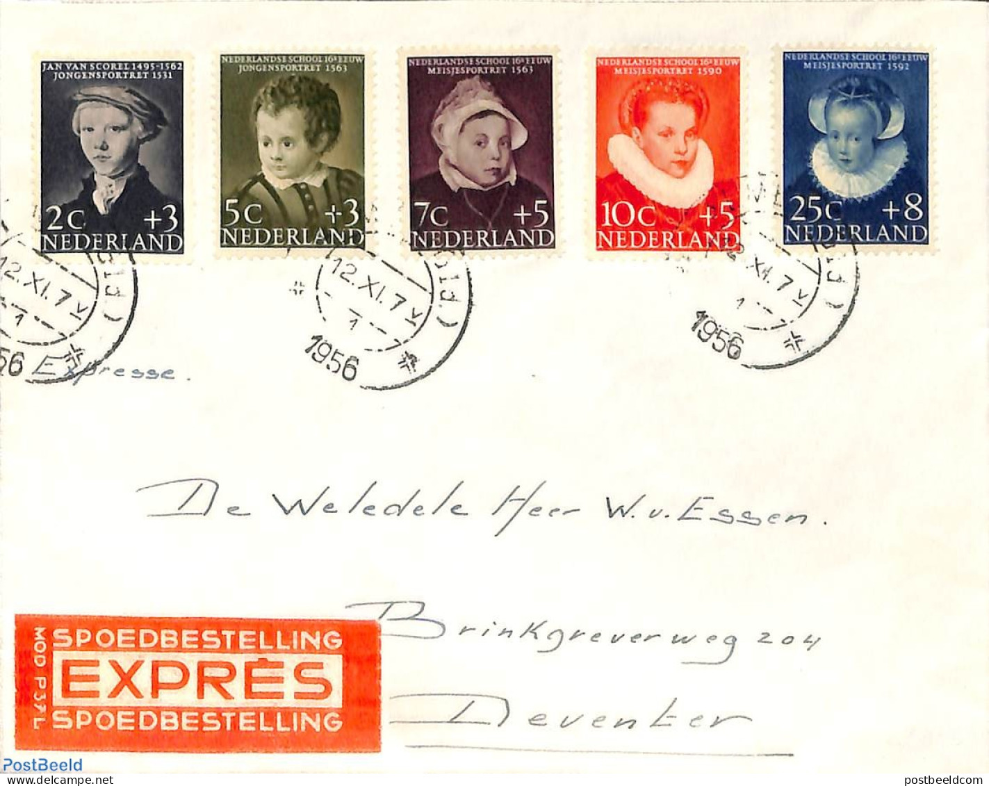 Netherlands 1956 Child Welfare 5v, Sent On First Day Of Issue, First Day Cover - Covers & Documents