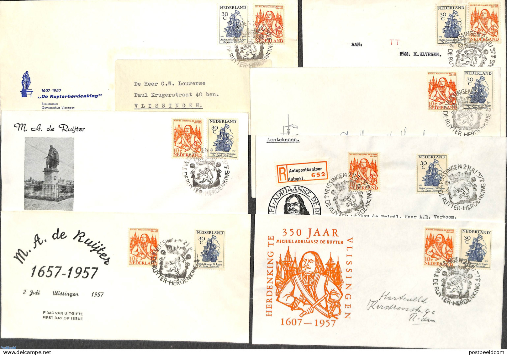 Netherlands 1957 7 Diff. FDC Covers De Ruytertentoonstelling, First Day Cover, Transport - Ships And Boats - Cartas & Documentos