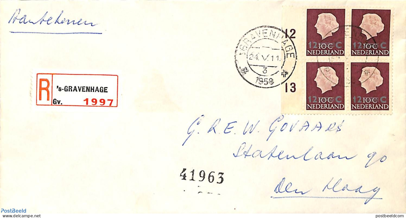 Netherlands 1958 Overprint, Sent On Earliest Known Date, 24-05-1958, First Day Cover - Lettres & Documents