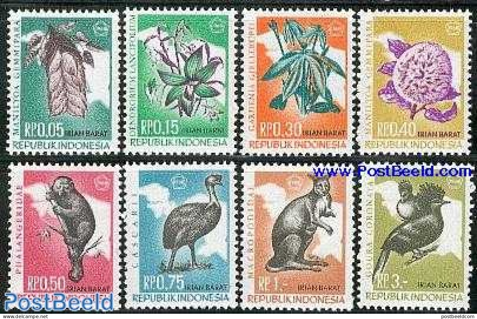 Indonesia 1968 Irian Barat, Flora & Fauna 8v, Unused (hinged), Nature - Animals (others & Mixed) - Birds - Flowers & P.. - Indonesia