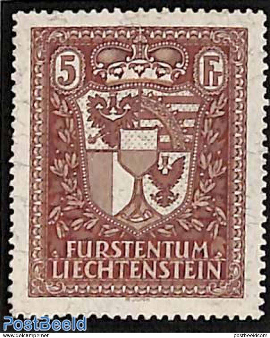Liechtenstein 1934 5Fr Coat Of Arms 1v (from S/s) With Attest, Mint NH, History - Coat Of Arms - Unused Stamps