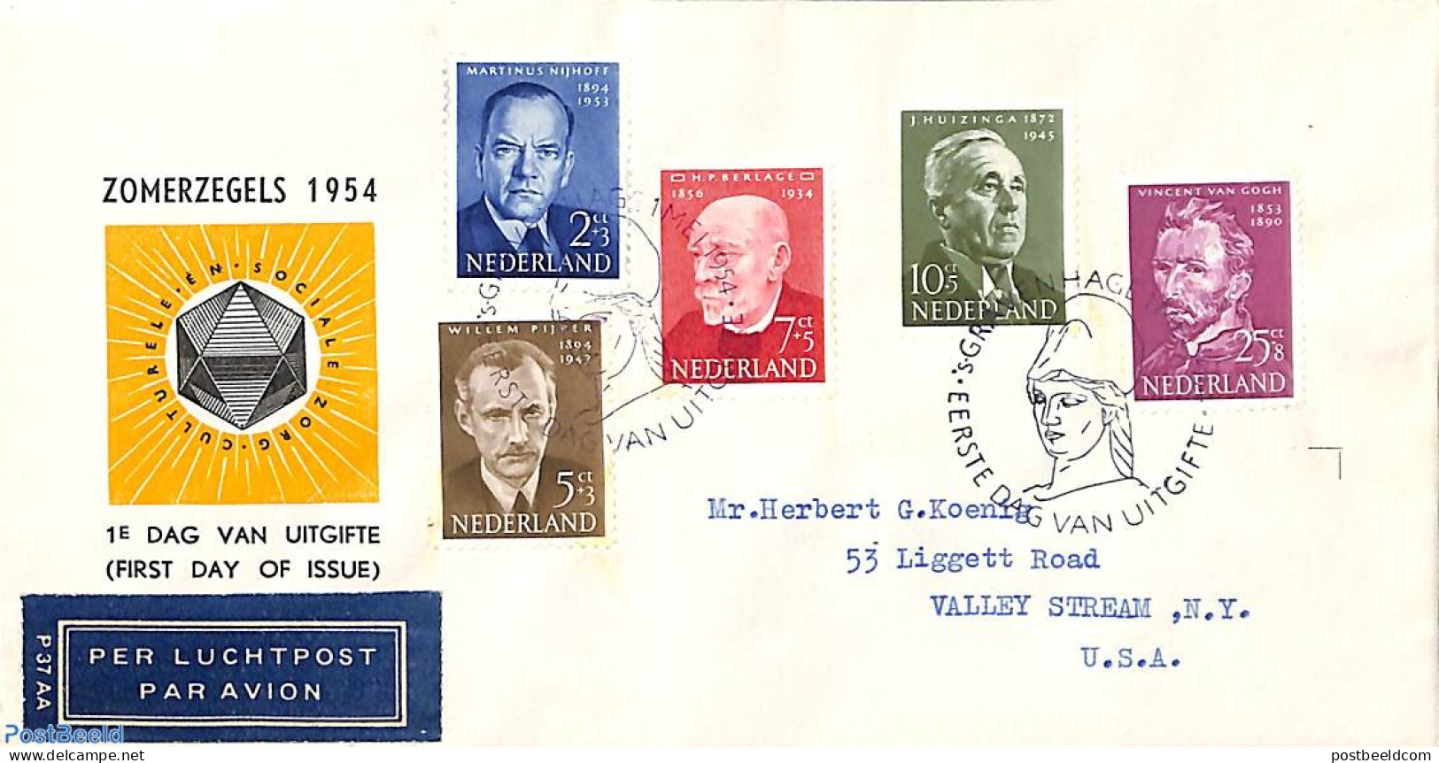 Netherlands 1954 Famous Persons 5v, FDC, Closed Flap, Typed Address, First Day Cover, Art - Vincent Van Gogh - Covers & Documents