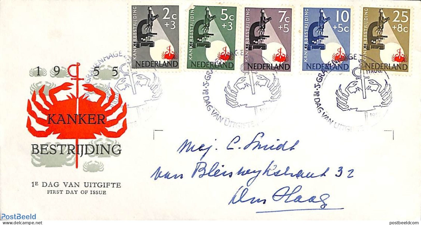 Netherlands 1955 Anti Cancer 5v, FDC, Closed Flap, Typed Address, First Day Cover, Health - Health - Microscopes - Covers & Documents