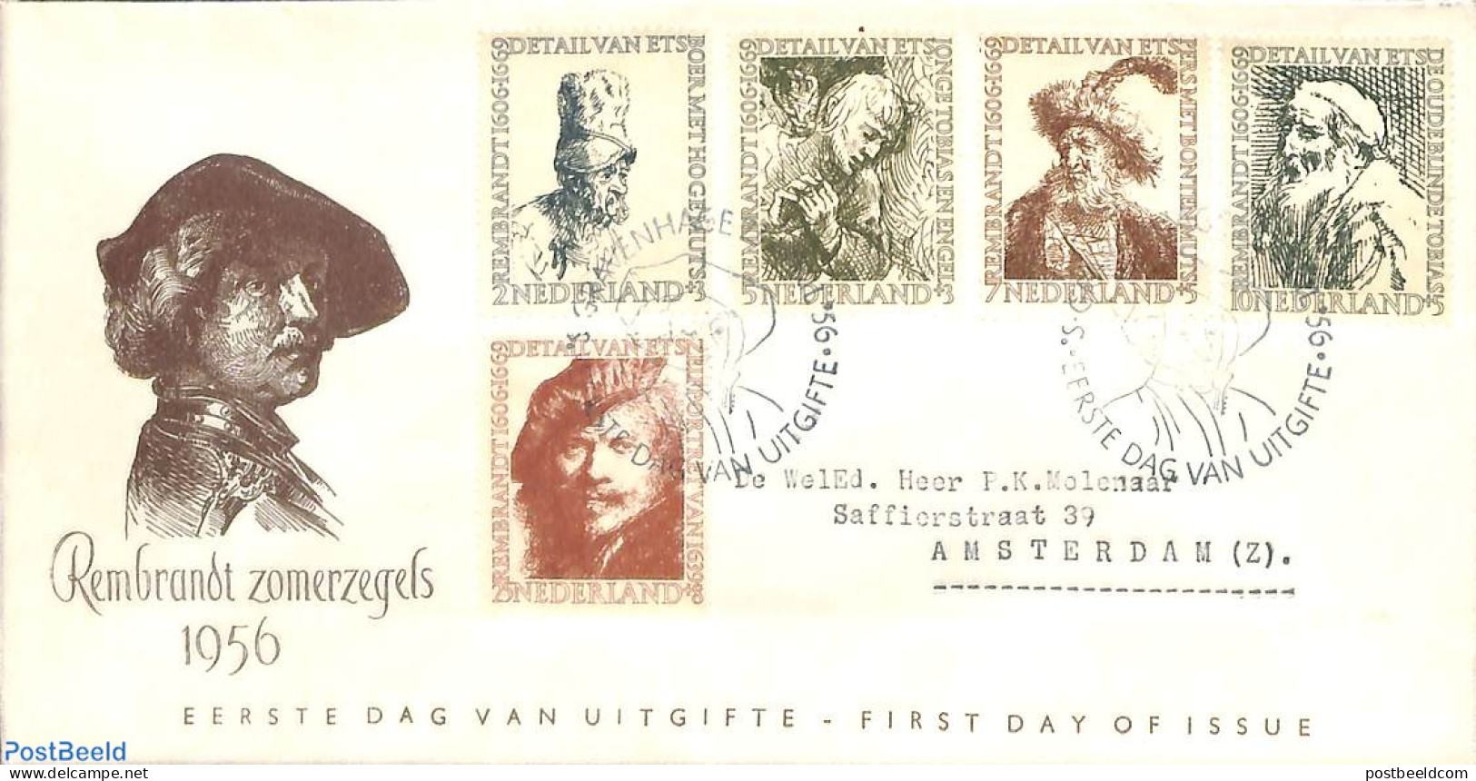 Netherlands 1956 Rembrandt 5v, FDC, Open Flap, Typed Address, First Day Cover, Art - Rembrandt - Brieven En Documenten