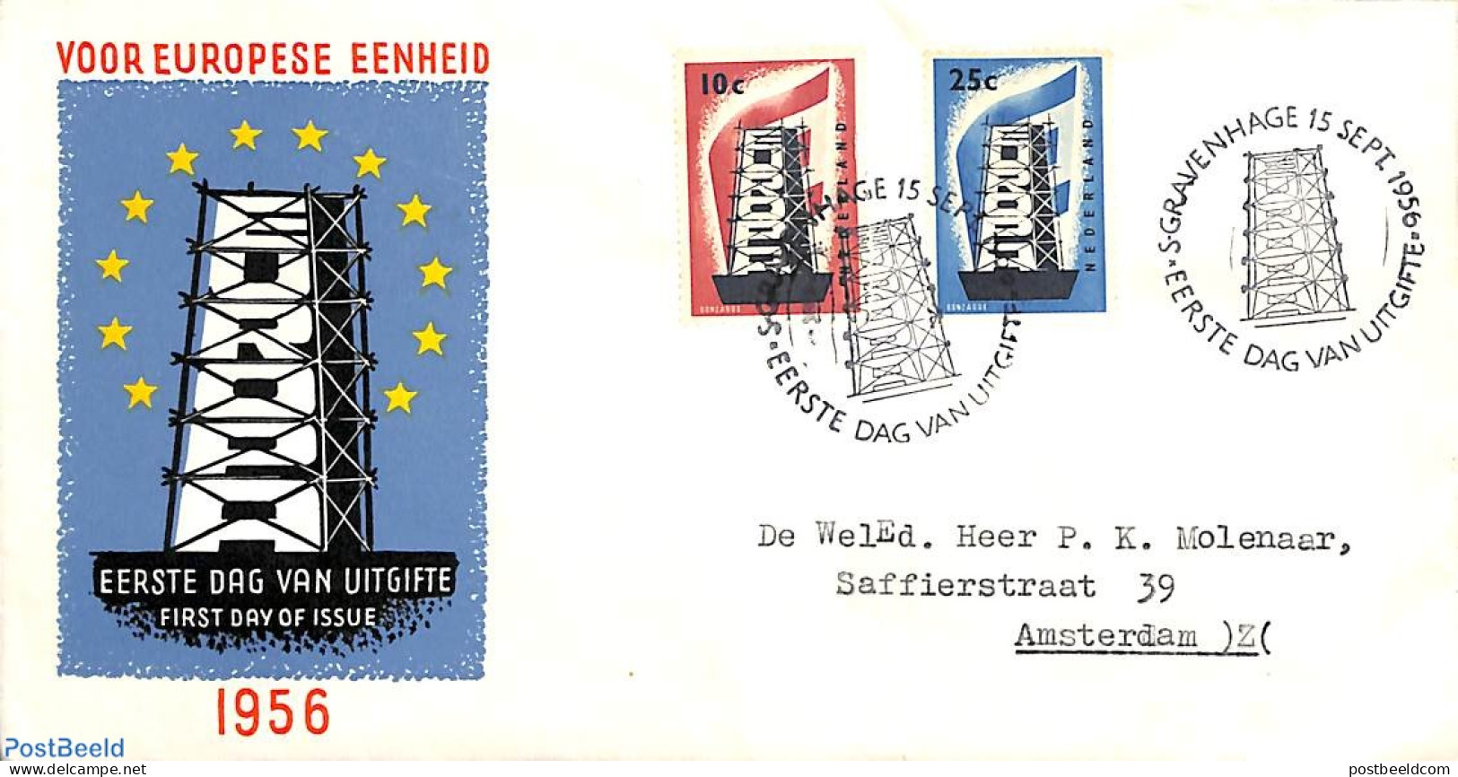 Netherlands 1956 Europa 2v, FDC, Typed Address, Open Flap, First Day Cover, History - Europa (cept) - Lettres & Documents