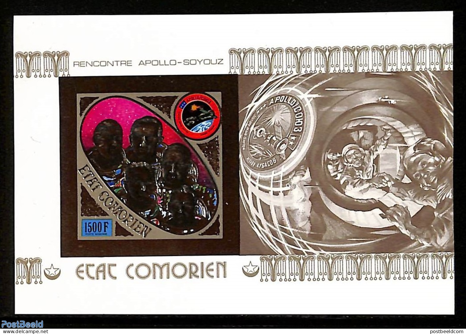 Comoros 1975 Apollo-Soyuz S/s Imperforated, Gold, Mint NH, Transport - Space Exploration - Komoren (1975-...)