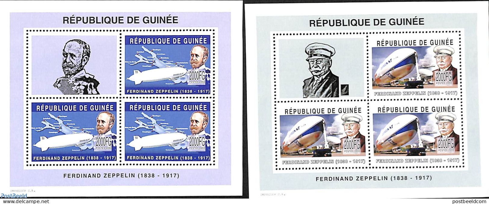 Guinea, Republic 2002 Zeppelin 2 M/s, Mint NH, Transport - Various - Zeppelins - Maps - Zeppelines