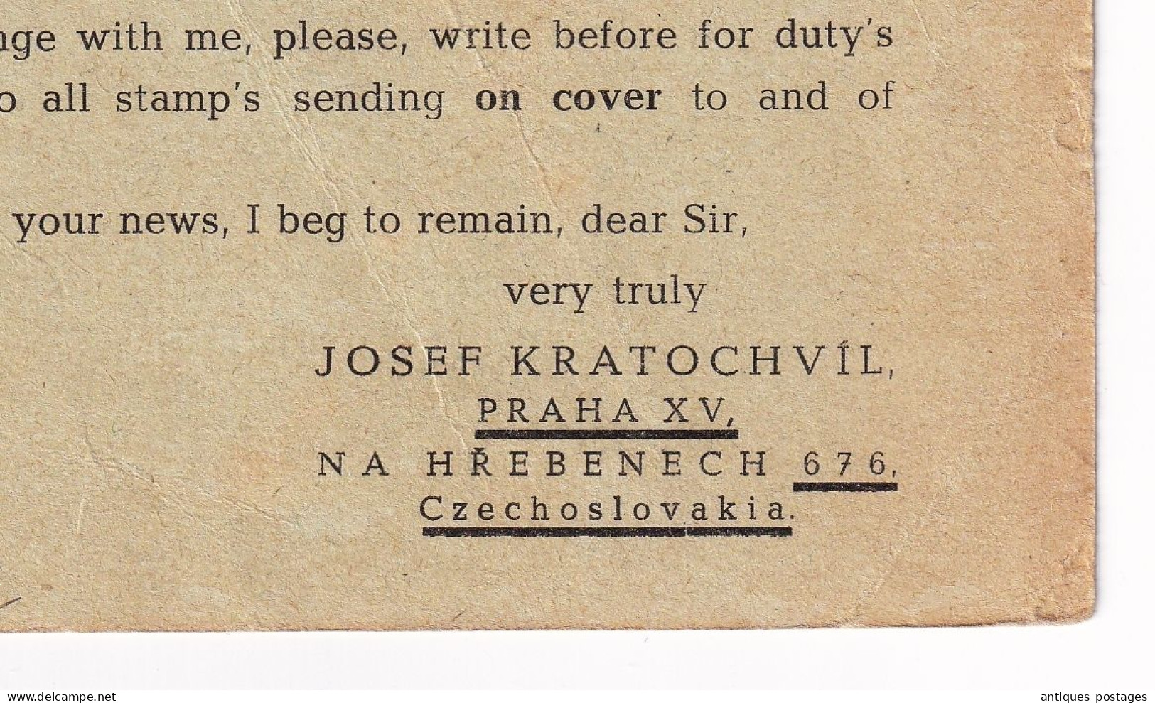 Prague 1951 Praha Československo Josef Kratchovil Czechoslovakia Pour Sétif Algérie Correspondance Philatélique - Brieven En Documenten