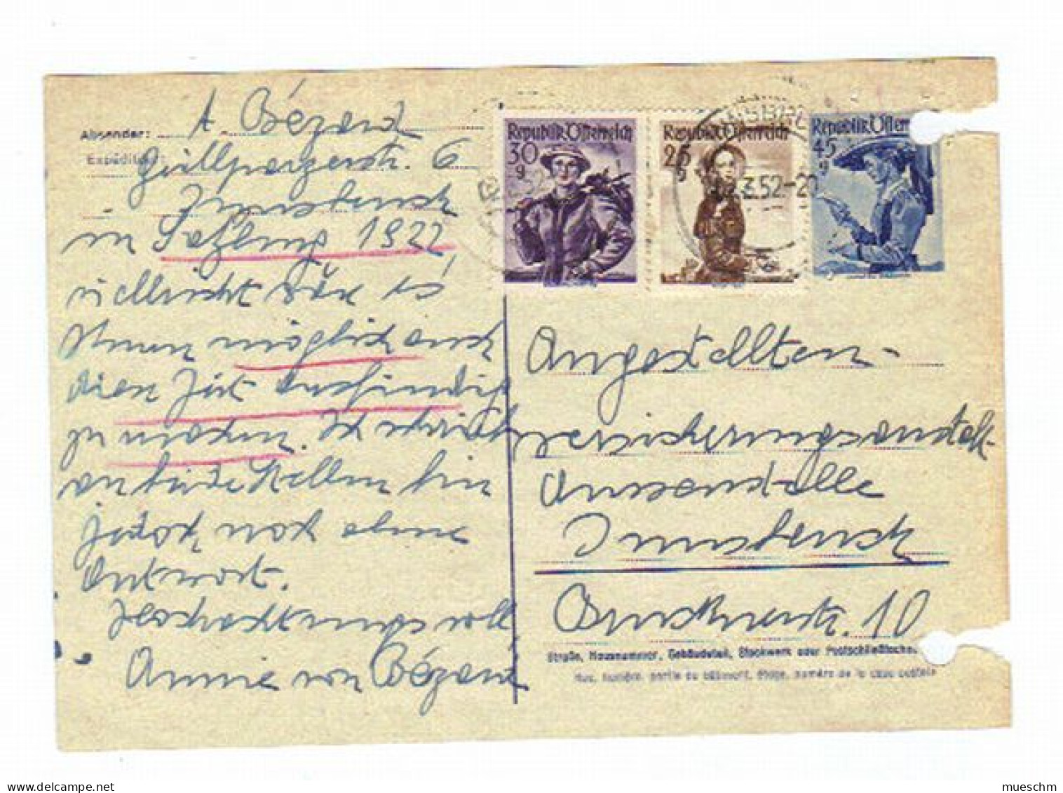 Österreich, 1952, Postkarte Mit Eingedr.45Gr.Frankatur(durchlocht) Und Zusatzfrankatur 25+30Gr./Trachten (11373W) - Cartes Postales