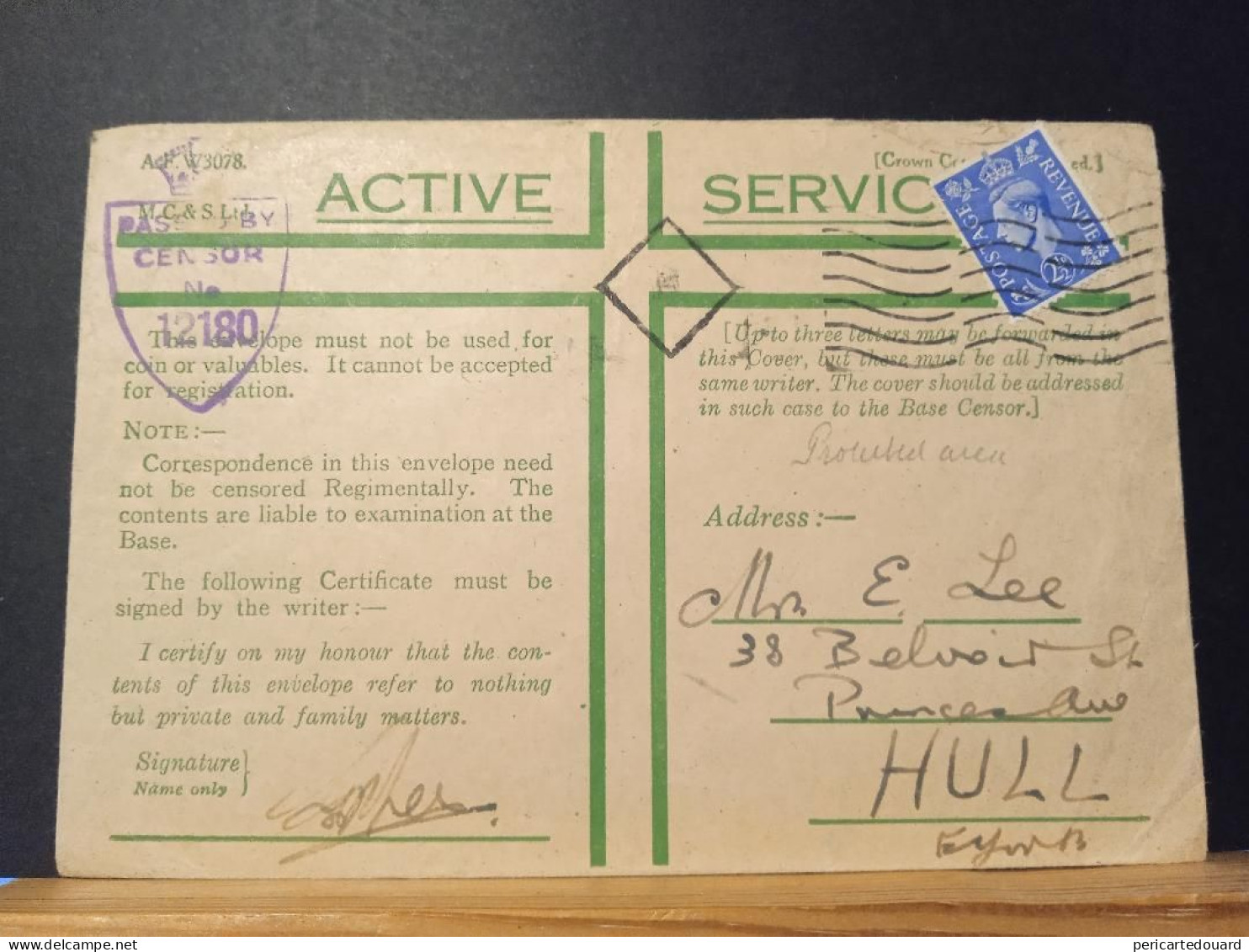 GB,  Active Service, Passed By Censor 12180, Oblitération Muette Carré - Covers & Documents