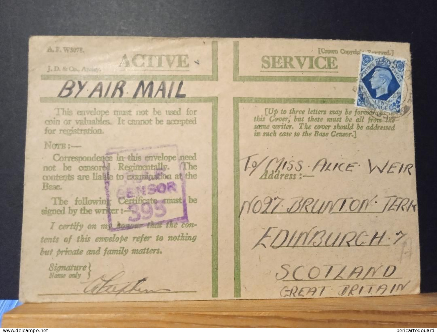 GB, Active Service, Passed By Censor 395, Oblitération FPO 435 - Cartas & Documentos