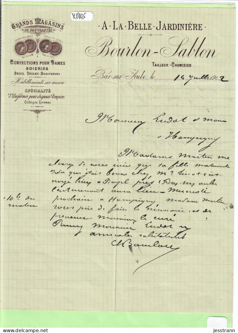 BAR-SUR-AUBE- A LA BELLE JARDINIERE- FACTURE 1902- MAISON BOURLON-SABLON- GRAND MAGASIN DE NOUVEAUTES - Kleidung & Textil