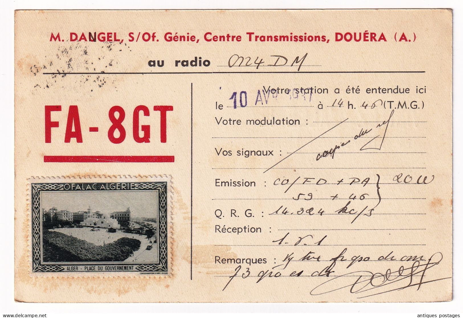 Algérie 1937 Centre De Transmission Radio De Douéra Alger Dangel Sous Officier Du Génie OFALAC - Covers & Documents